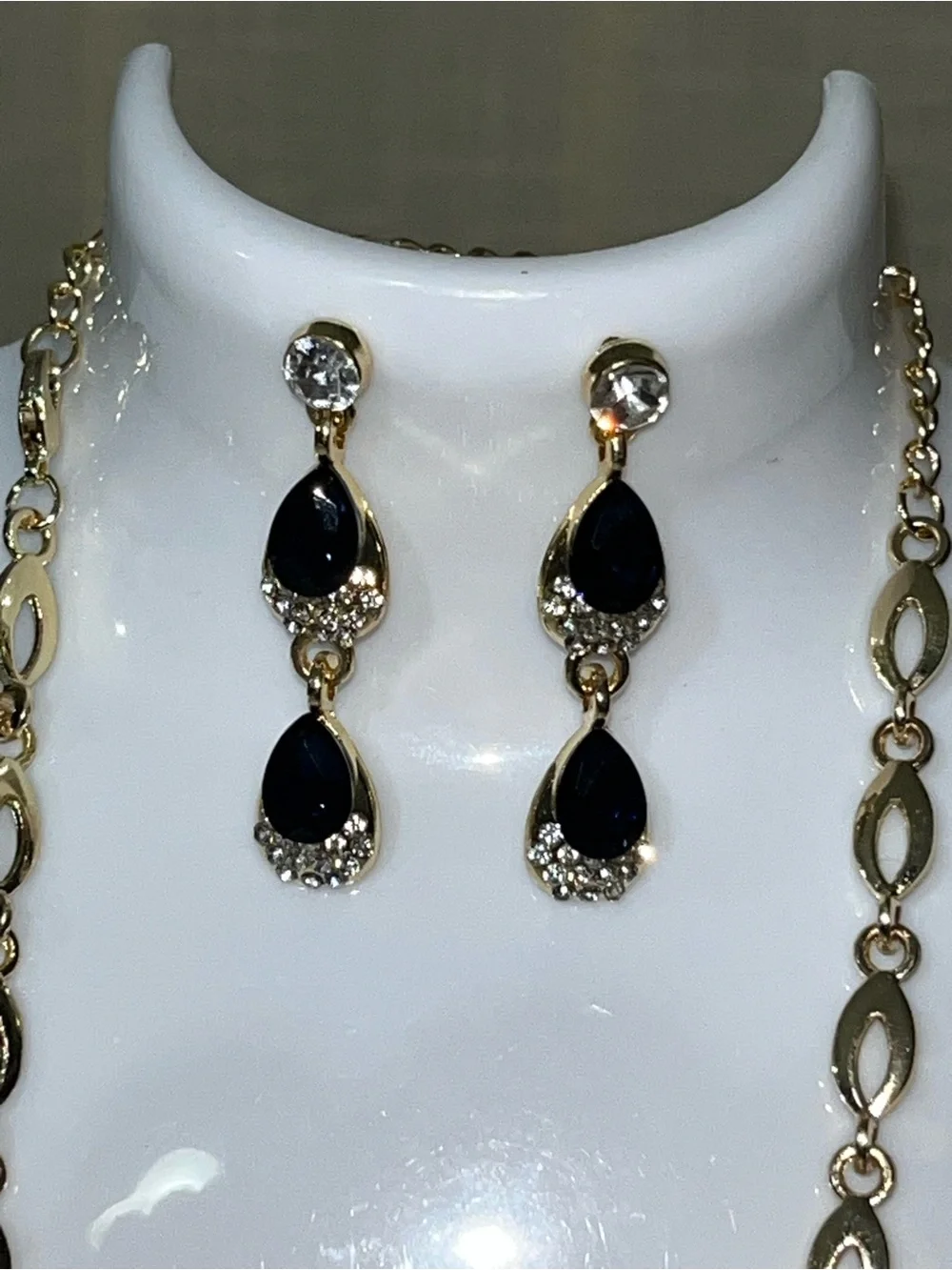 Floral Statement Necklace & Earring Set / Dark Blue & White Rhinestones NEW
